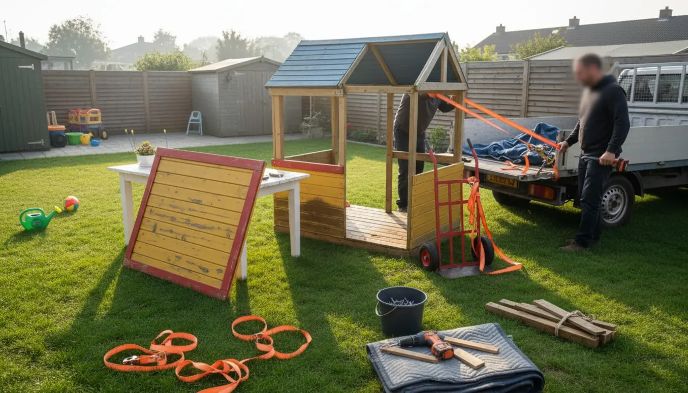 Et lille trælegehus er delvist nedtaget og læsset på en pickup i en villahave med værktøj og udstyr omkring.