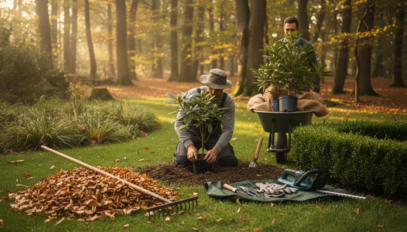 Havepasser fejer blade og planter rhododendron ved skovkanten med trillebør, rive og hækkeklipper.