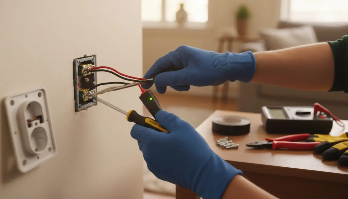 Nærbillede af hænder, der reparerer en åben stikkontakt med isolerede værktøjer i et lyst hjem.