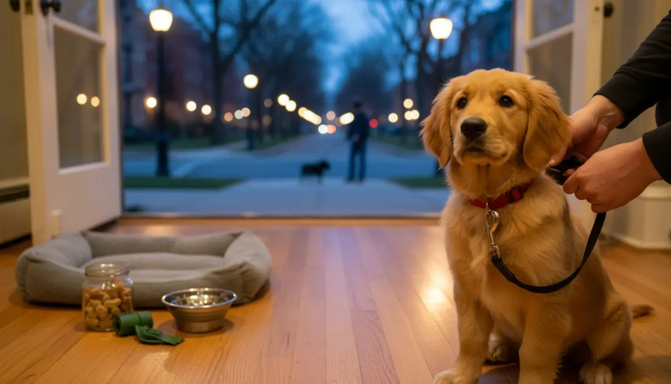 En person klikker snoren på en 8 måneder gammel hvalp i en hyggelig lejlighed med aftenlys udenfor.