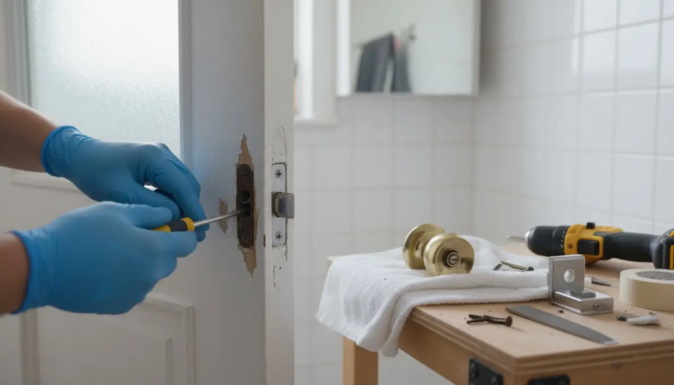 Nærbillede af hænder, der udskifter et gammelt lås- og håndtagsæt på en badeværelsesdør med værktøj omkring.