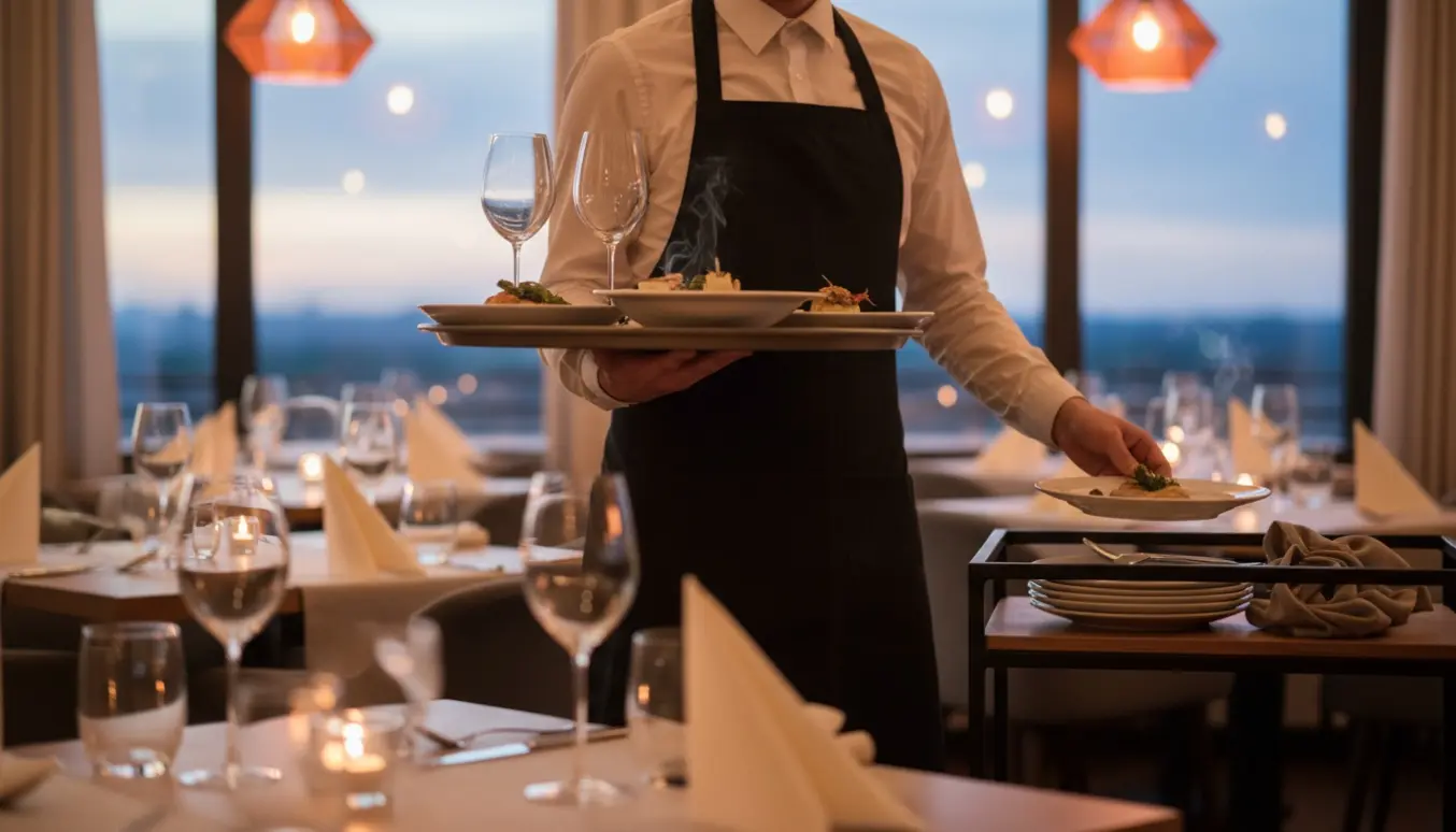 Serveringsperson rydder og bærer fade i en hyggelig restaurant om aftenen.