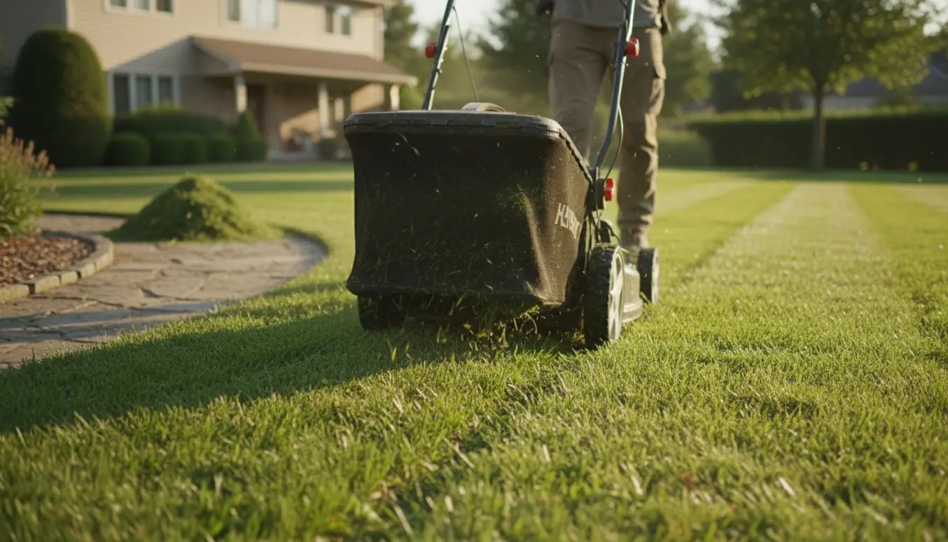 Plæneklipper med opsamler på en nyslået græsplæne med synlige striber i varmt dagslys.