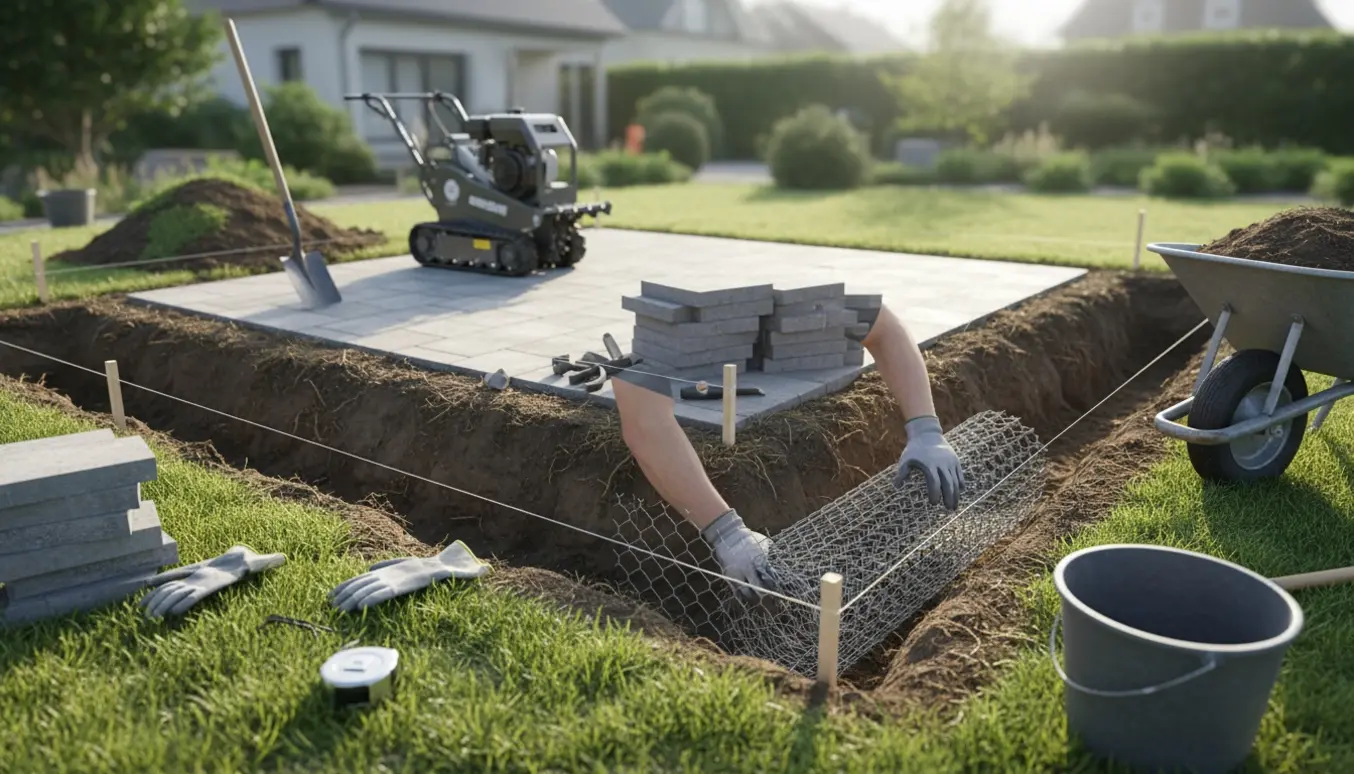 En dyb rende gravet rundt om en ryddet terrasse med metalnet, skovl og rendegraver.