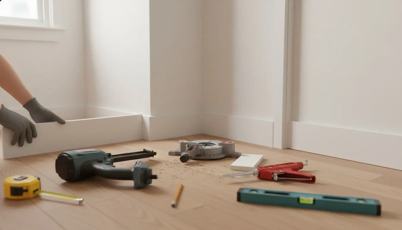 Nærbillede af montering af hvide fodpaneler i et lille rum med værktøj og naturligt lys.