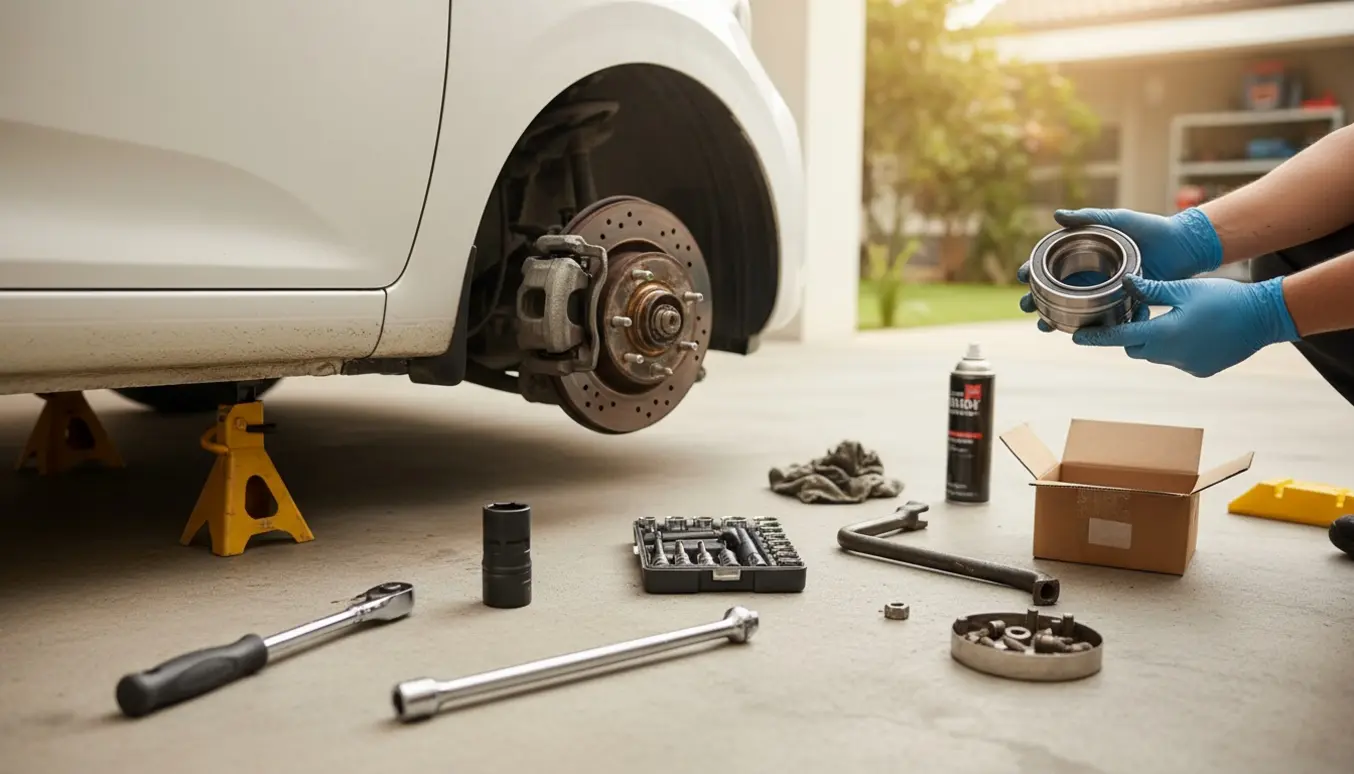 Venstre forhjulsleje på en Kia Picanto udskiftes, med handsker og værktøj klar ved hjulnavet.