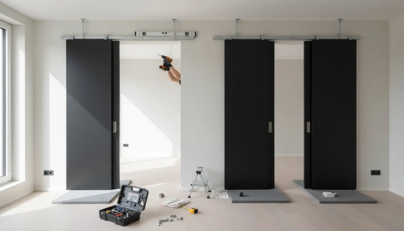 Installatør justerer skinnerne til to sæt høje skydedøre i et lyst, moderne rum.