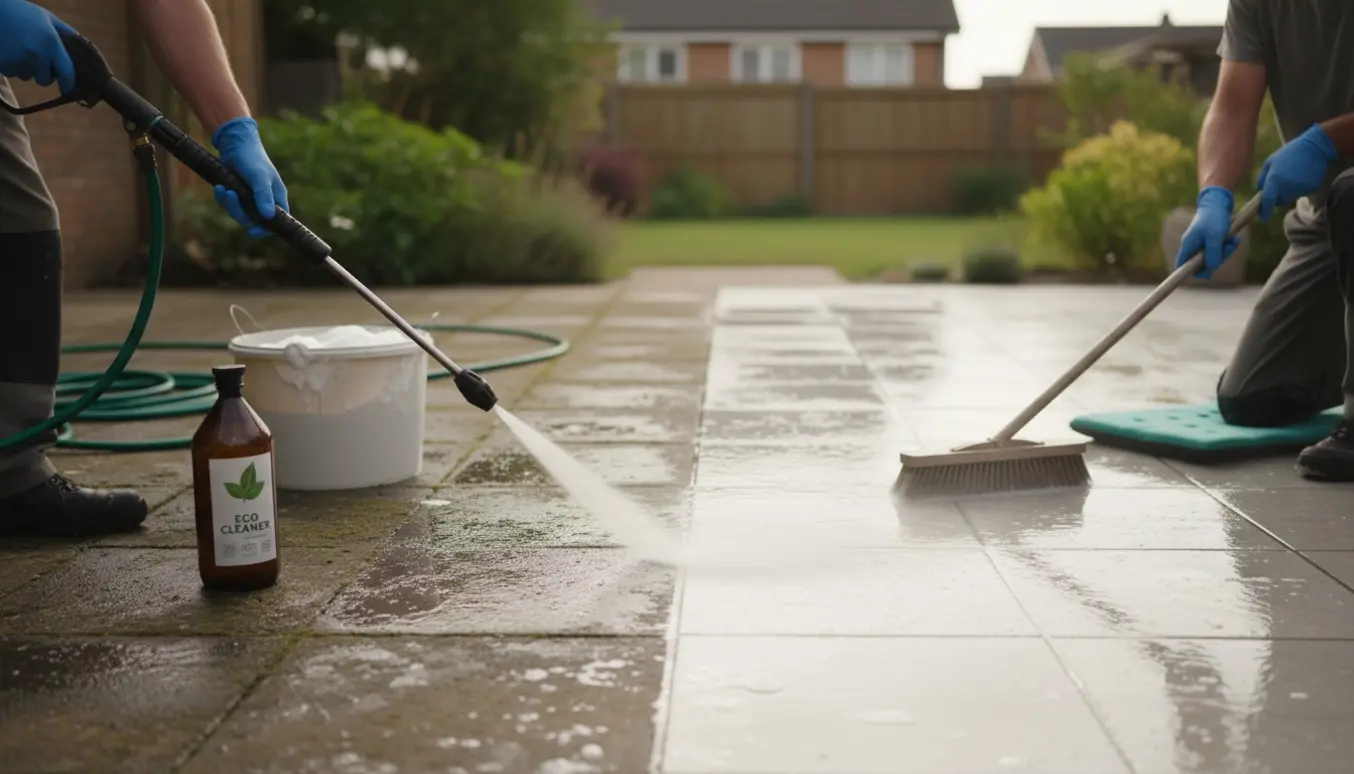 Rensning af fliser med højtryksrenser og børste, hvor alger fjernes og en tydelig før-og-efter-effekt vises.