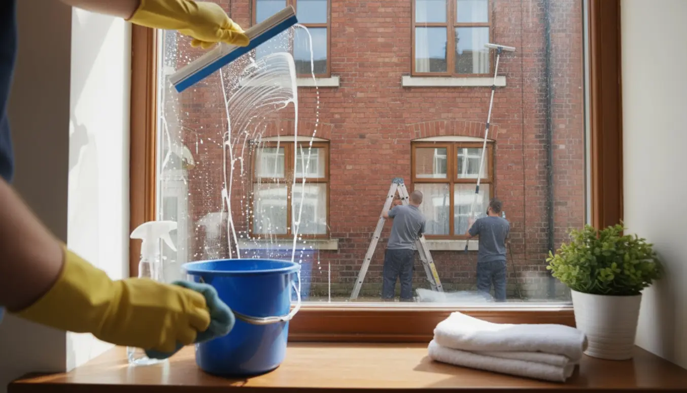 Indvendig og udvendig vinduespudsning af et to-etagers rækkehus med spand, rive og en person på stige.