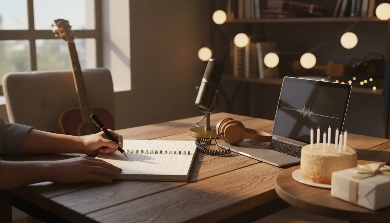 Hænder skriver en personlig fødselsdagssang ved et hyggeligt skrivebord med guitar, mikrofon og kage.