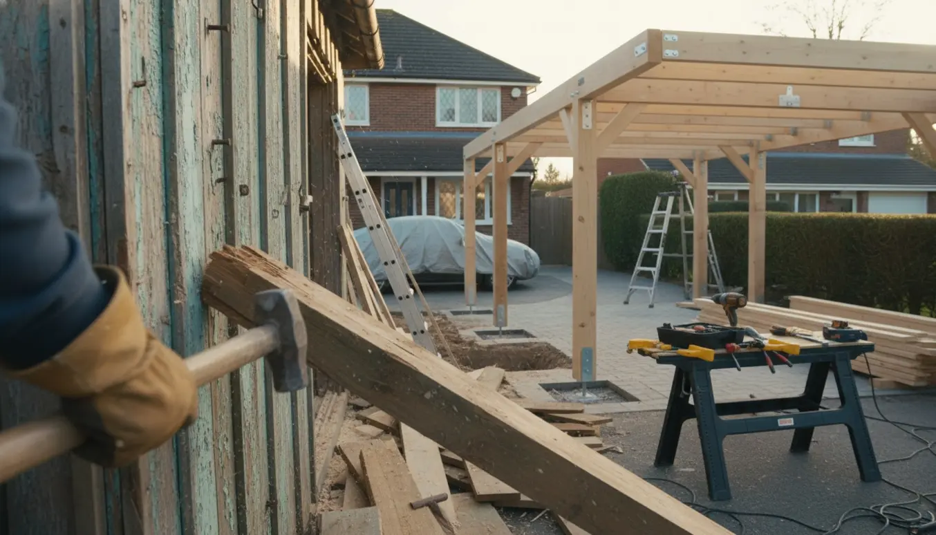 Nedtagning af en gammel trægarage fra 1976 og opbygning af en ny træcarport med håndværkere og materialer.
