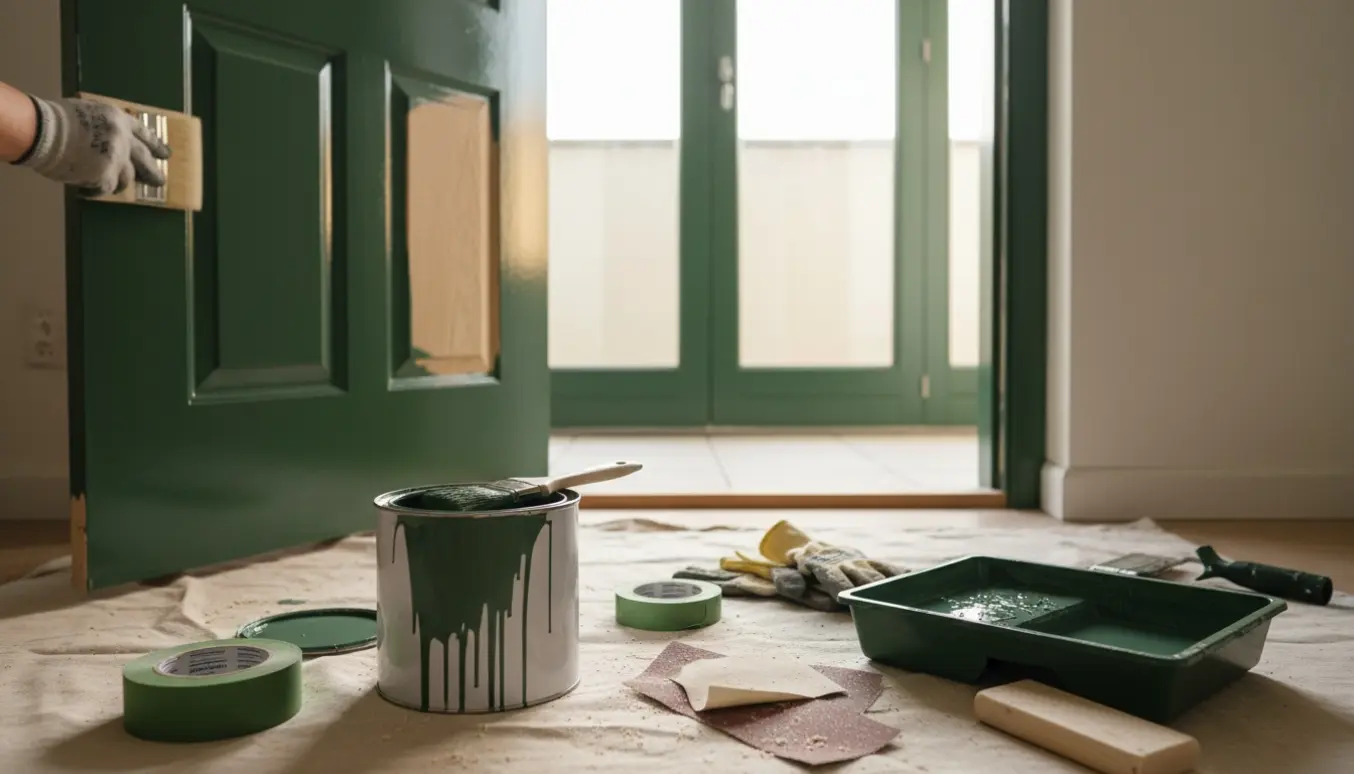 Delvist malet hoveddør og altandør i mosgrøn med pensel, slibeblok og malingsudstyr på et afdækningsunderlag.