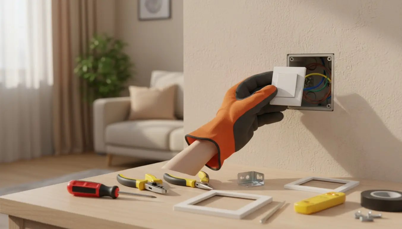Nærbillede af hænder i isolerede handsker, der holder en ny afbryder foran en åben vægboks med værktøj ved siden af.