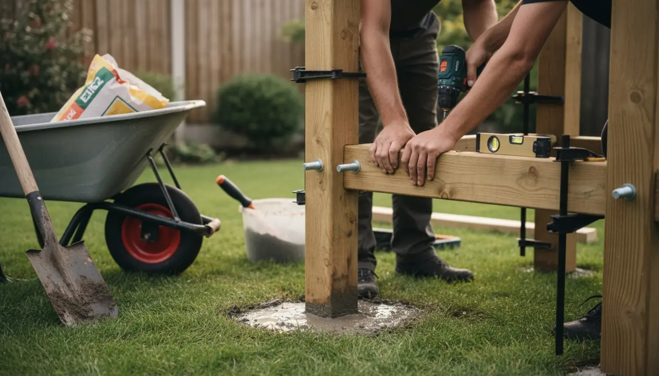 Delvist samlet legetårn på græsplæne med stolper støbt i frisk beton og værktøj omkring.