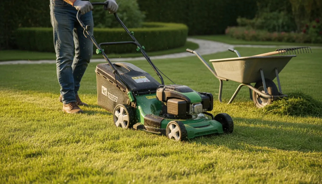Nærbillede af en plæne, hvor en plæneklipper trimmer lidt højt græs og efterlader en pæn stribe.