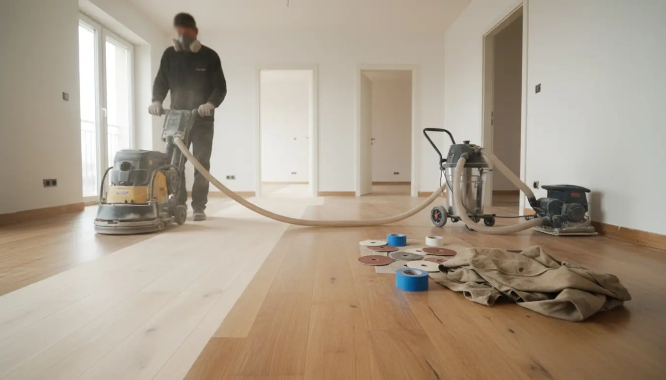 Gulvslibning i en lys lejlighed med maskiner, hvor overgangen mellem slebet og uslebet trægulv er tydelig.