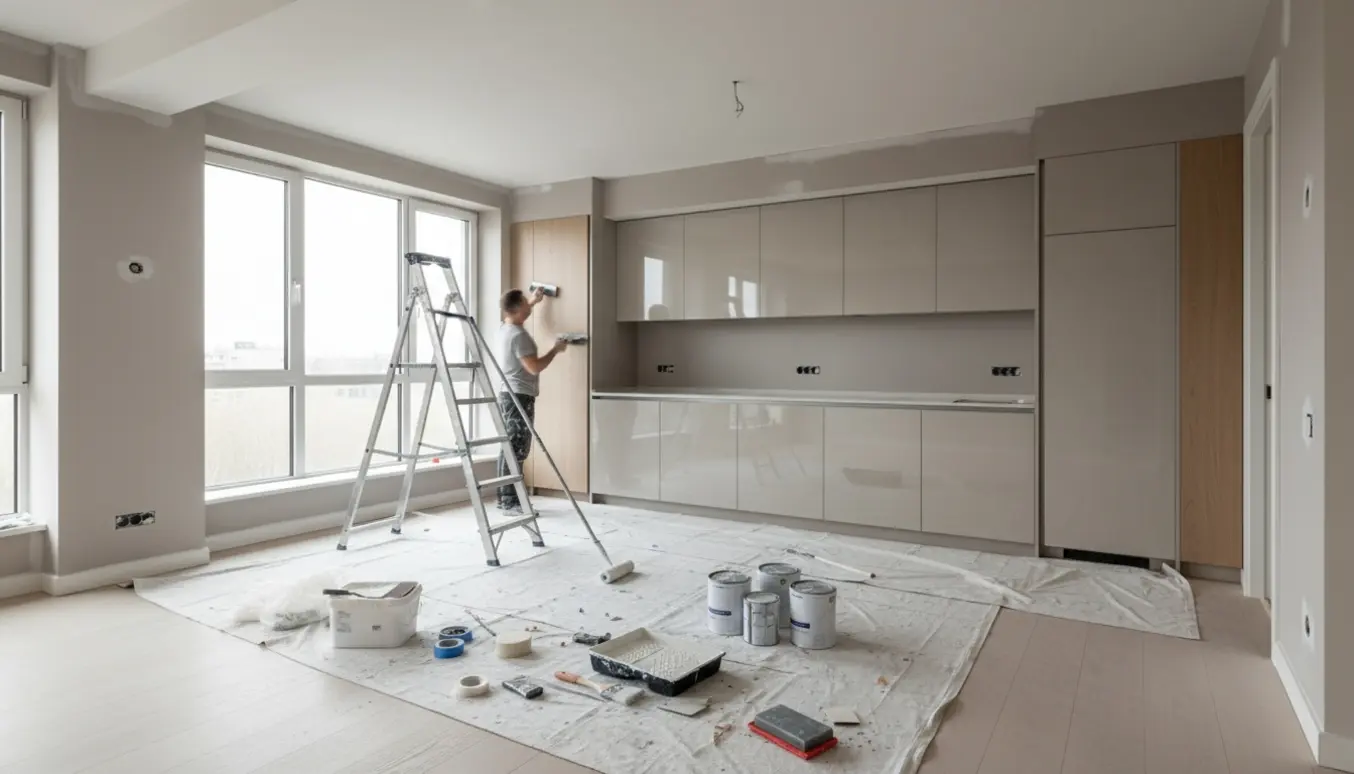 Tom lejlighed under maling med afdækning, malerværktøj og håndværker set bagfra.