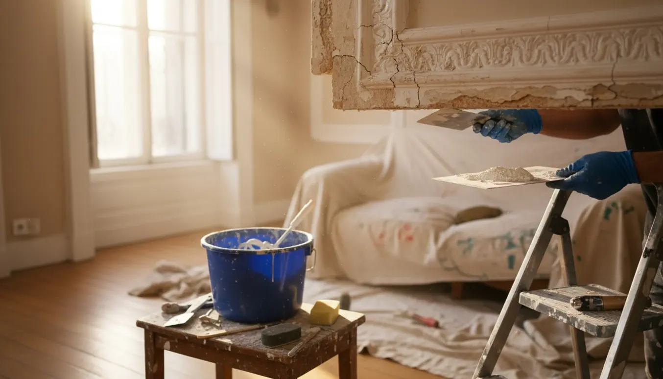 Håndværker reparerer gammel stuk i lejlighed med hænder på stige og frisk puds.