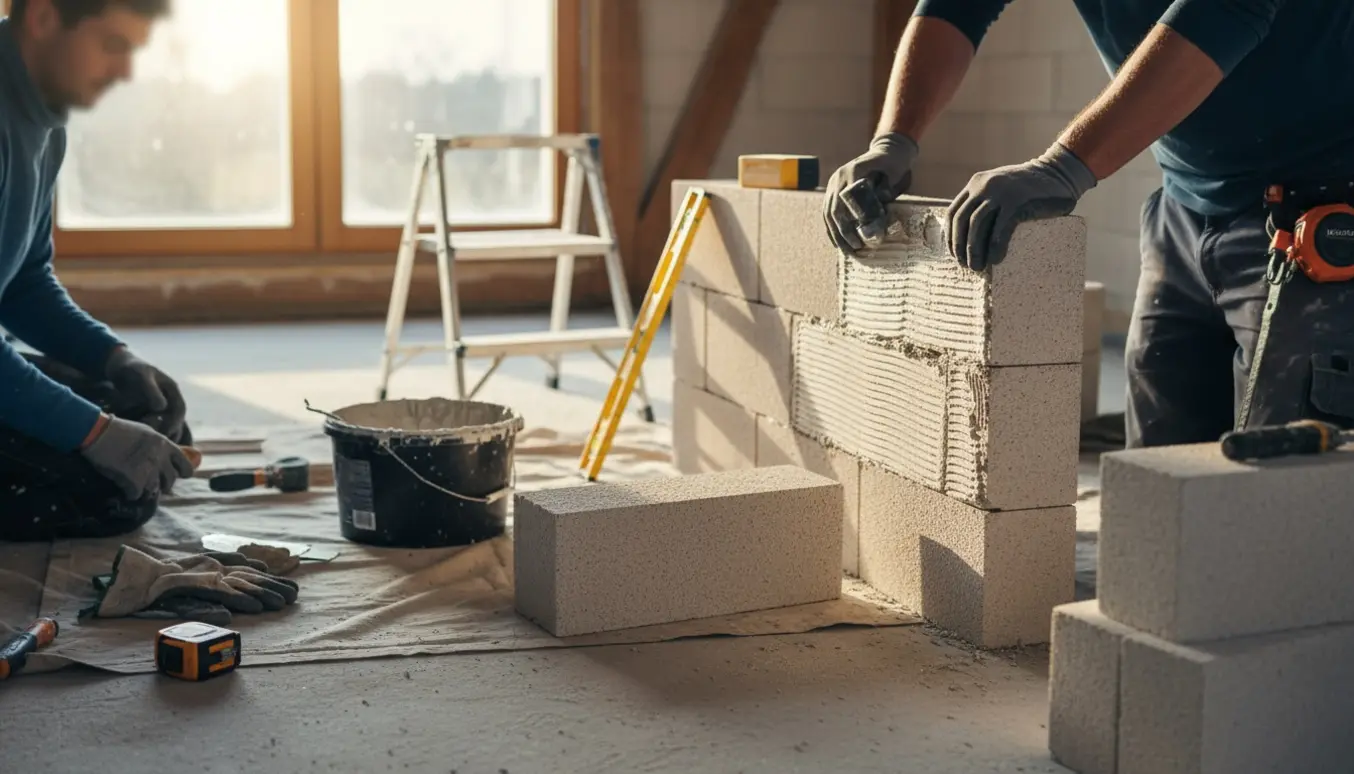 Opsætning af 75 mm gasbetonvæg i husets rum med blokke, mørtel og værktøj.