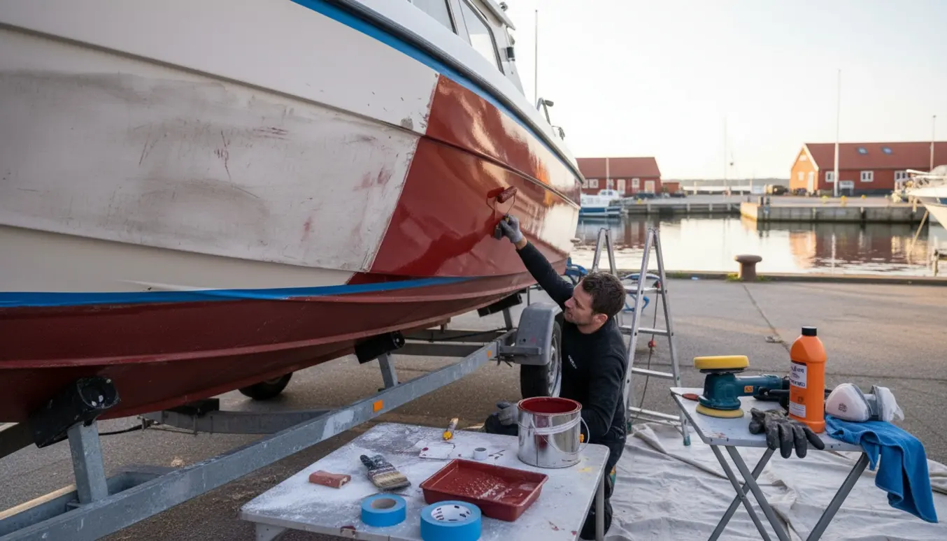 23-fods motorbåd på trailer i Aarhus, hvor skroget slibes og bundmales i morgenslys.