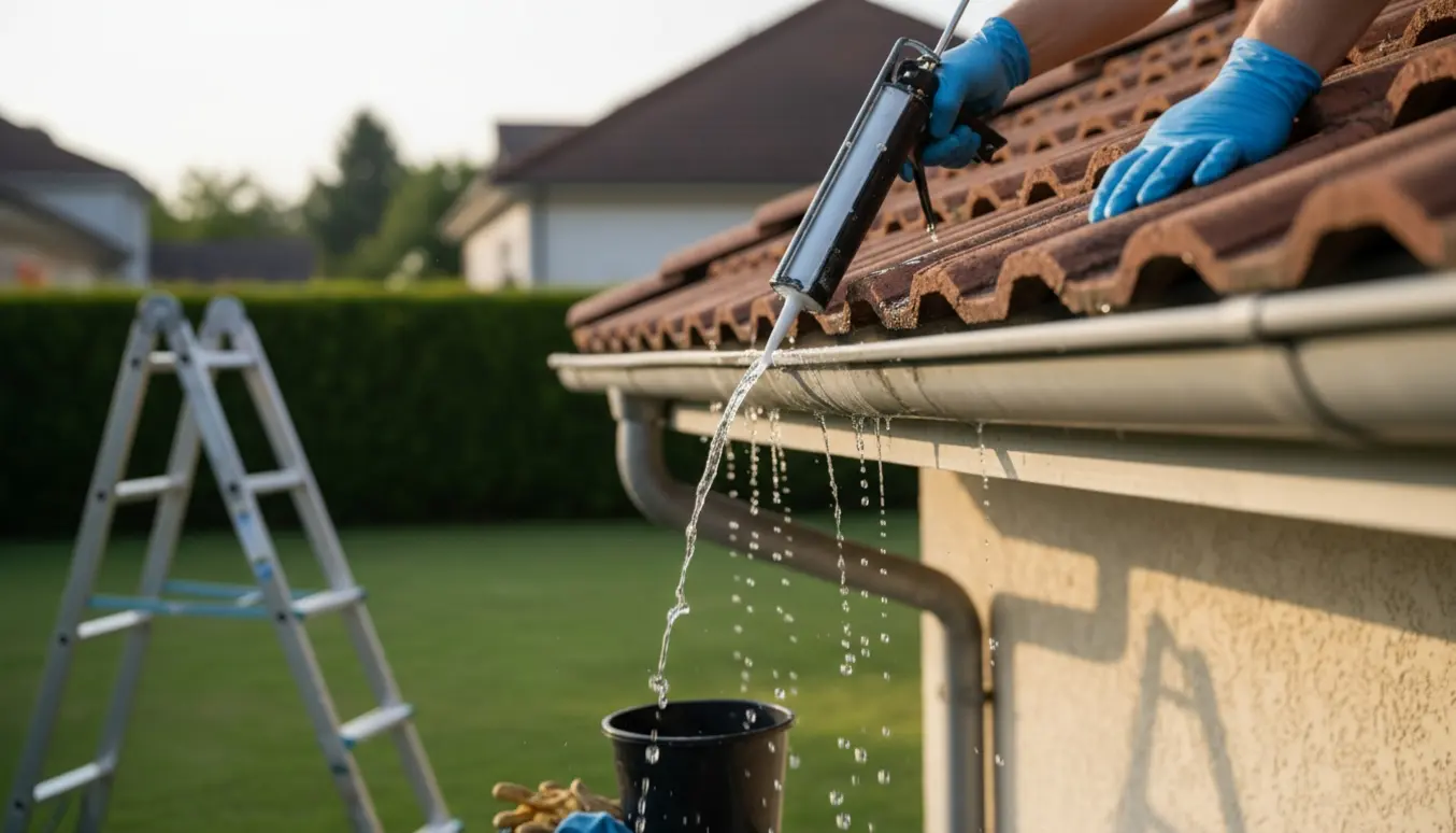 Nærbillede af en utæt tagrende med vanddråber, en person på stige med fugepistol og en spand til at opsamle dryp.