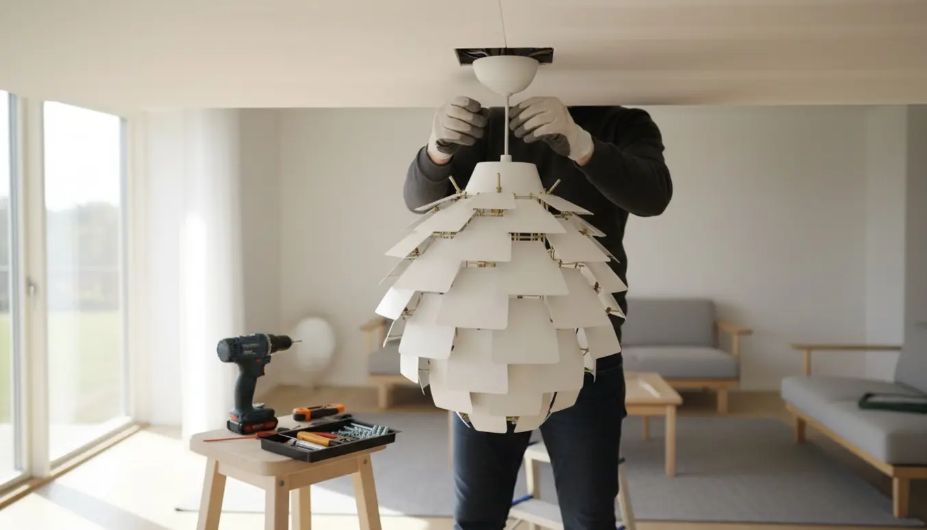 En PH Kogle-pendel hænges op i et gipsloft med værktøj og hænder synlige, uden ansigter.