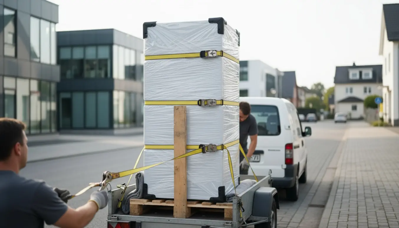 Indpakket køleskab på palle, sikret lodret med stropper på en trailer klar til transport.