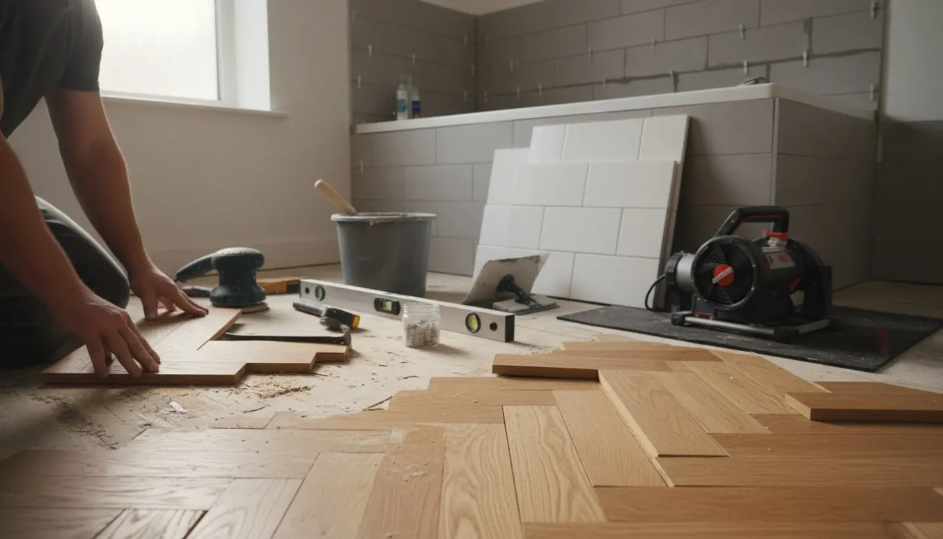 Hænder lægger sildebensgulv i et lille badeværelse med halv-højde fliser på væggen.