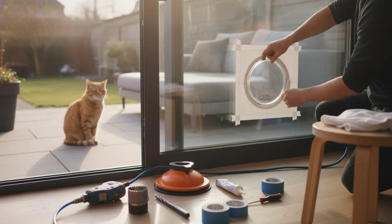 Hænder monterer en mikrochip-kattelem i en glasskydedør med værktøj og en nysgerrig kat i baggrunden.