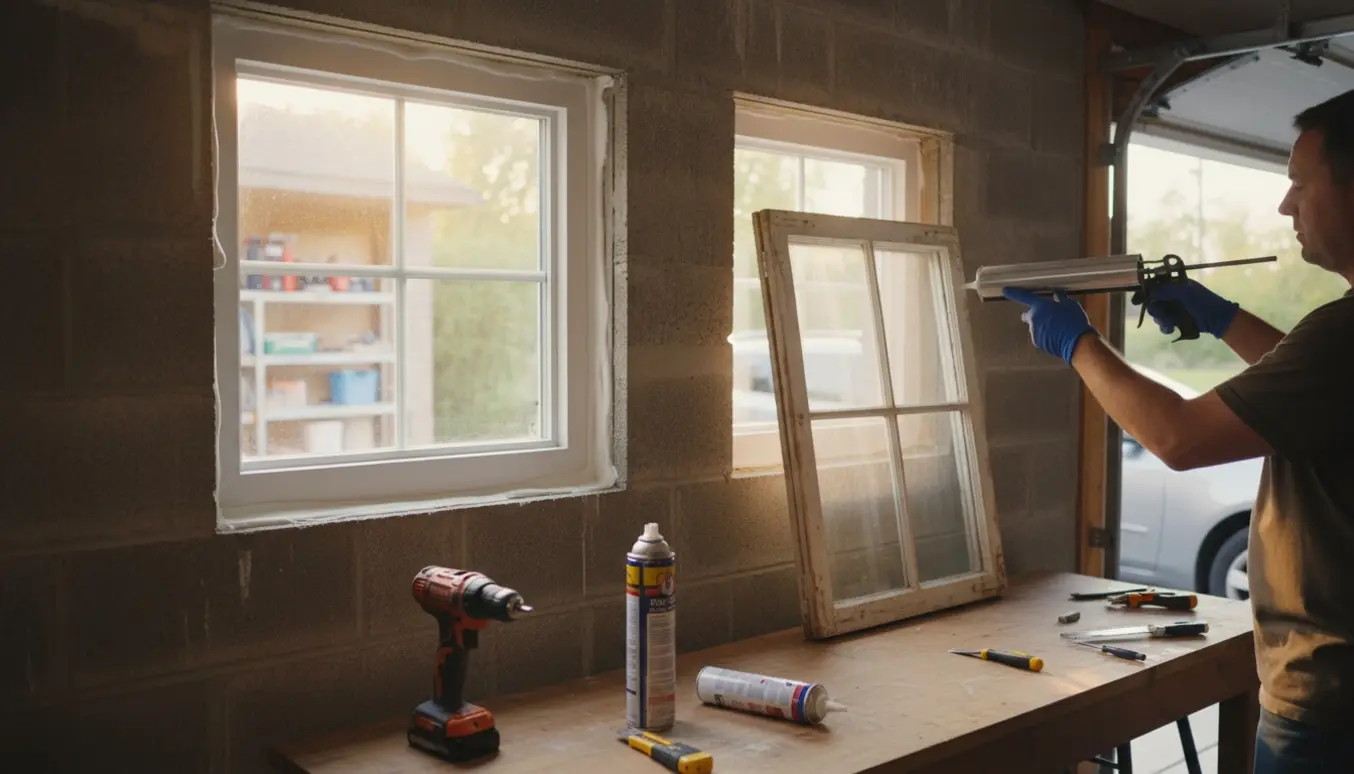 To små kældervinduer udskiftes i en garage, en hånd påfører hvid fuge omkring et nyt vindue.