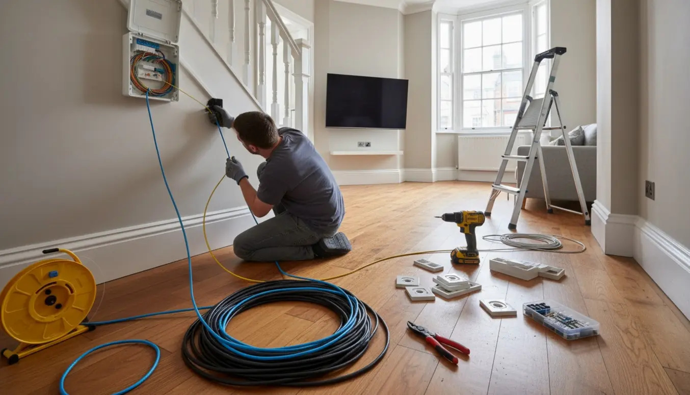Nærbillede af hænder, der trækker Ethernet- og coax-kabler fra fiberboksen gennem væggen i et rækkehus.