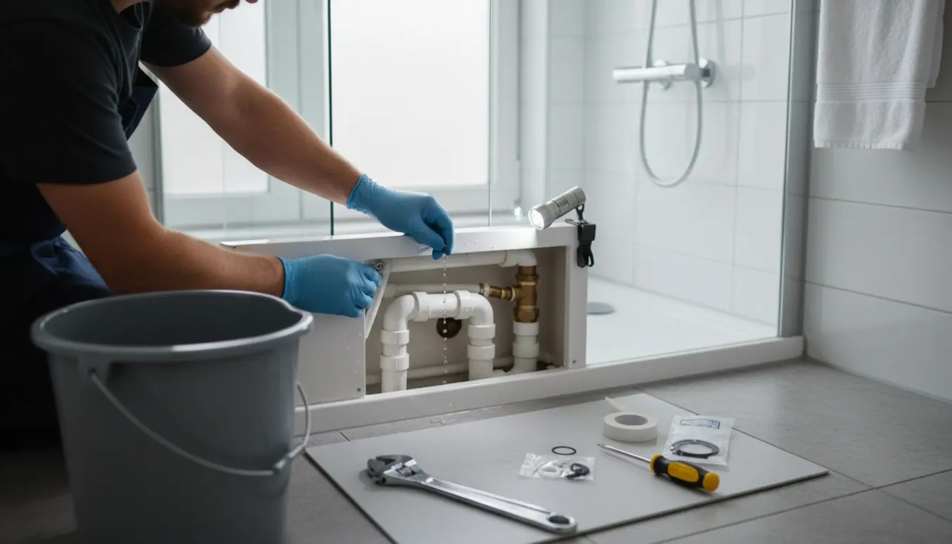 VVS-montør arbejder på en utæt brusekabine med åben bundventil, værktøj og en spand til at opsamle vand.