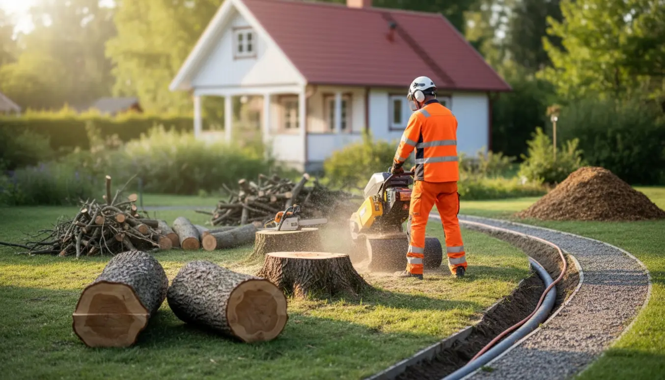 Stubfræsning og fjernelse af træer ved et sommerhus med stabiler af grene og træflis.