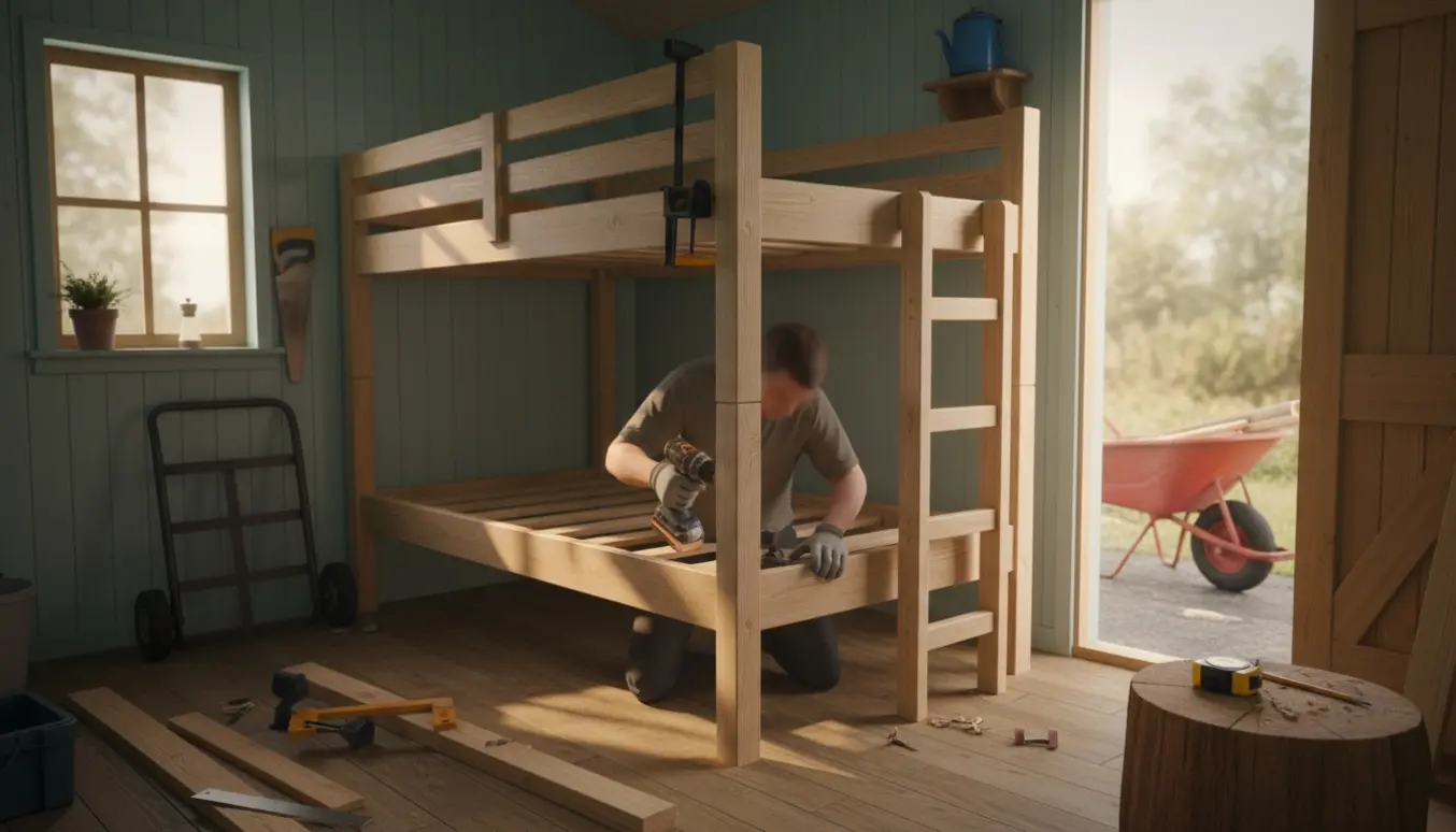 Delvist samlet træ-køjeseng i en kolonihavehytte med værktøj og træplanker omkring.