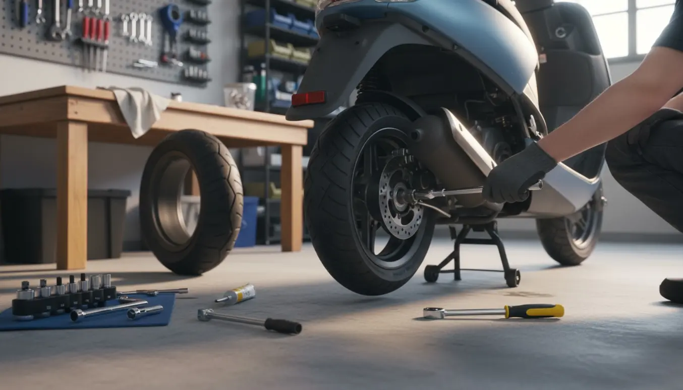 Udskiftning af bagdæk på en Euro‑4 scooter i garage med værktøj, kun hænder synlige.