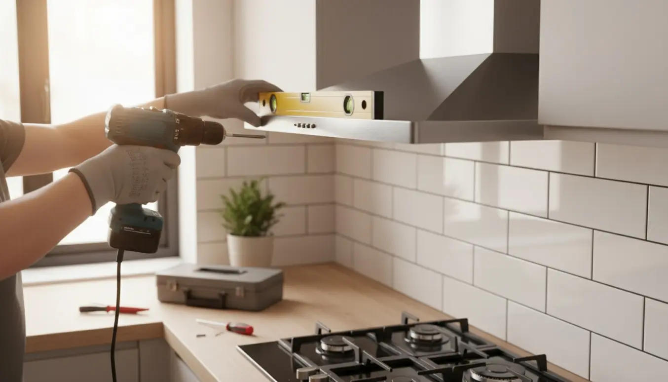 Nærbillede af udskiftning af en udtræksemhætte i et moderne køkken med hænder og værktøj.