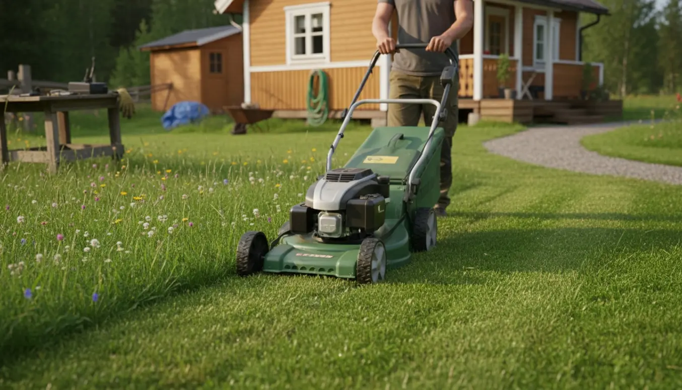 Plæneklipper ved et hyggeligt sommerhus skaber klare striber mellem nyklippet og uklippet græs.