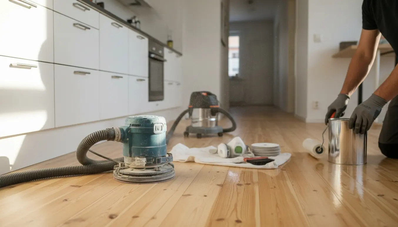 Afhøvling og lakering af fyrtræsgulv i køkken og gang med slibemaskine, åbne lakdåser og værktøj i naturligt lys.