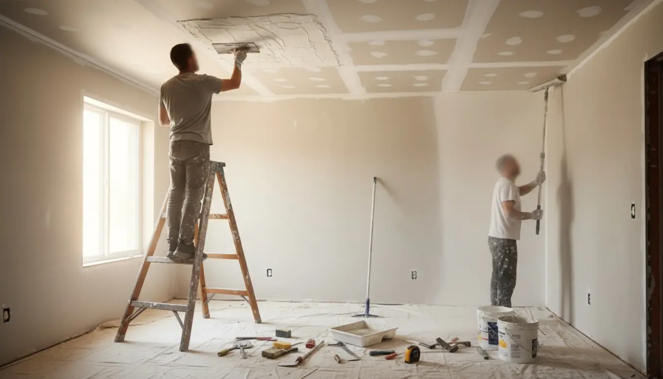 En maler spartler og sliber et nyt gipsloft i et lyst rum, klar til maling.