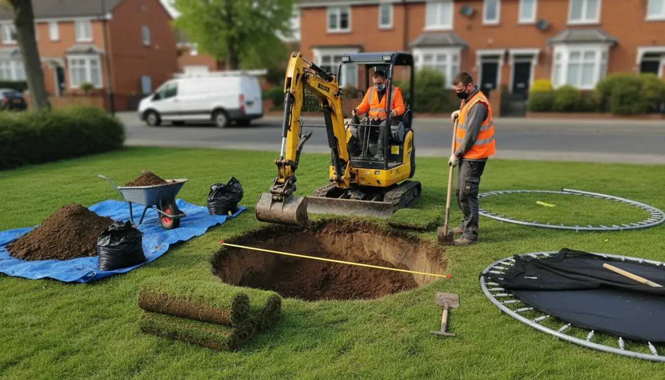 Gravning af rundt hul til nedgravet trampolin i en byhave, jord pakket i sække klar til bortkørsel.