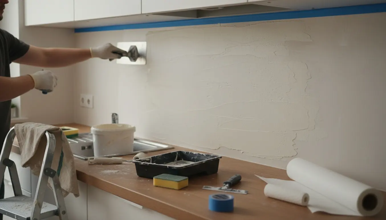 Hænder spartler en væg over køkkenbordet og forbereder opsætning af filt.