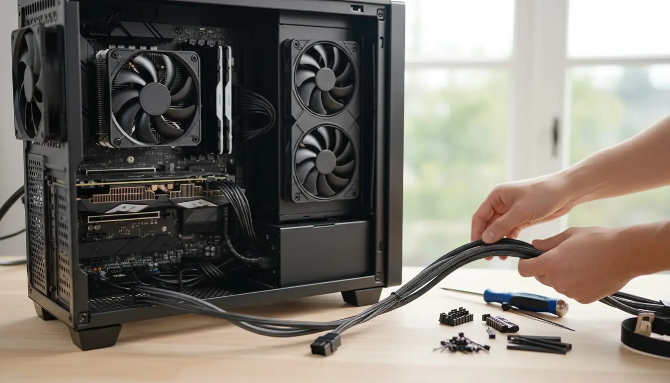 Åbent pc-kabinet på et arbejdsbord med bundkort, strømkabler og værktøj klar til kabelføring.
