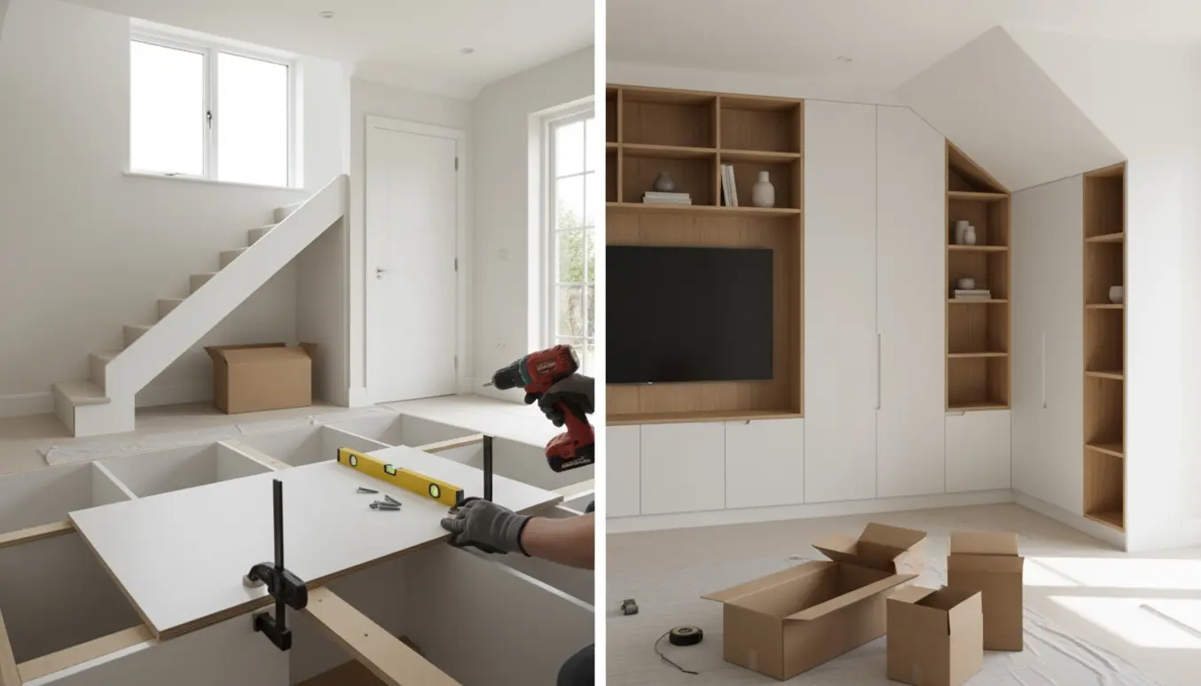 Delvist installerede indbyggede skabe under trappen, L-formede skabe i et værelse og en indbygget reol med plads til TV i et nybygget hjem.