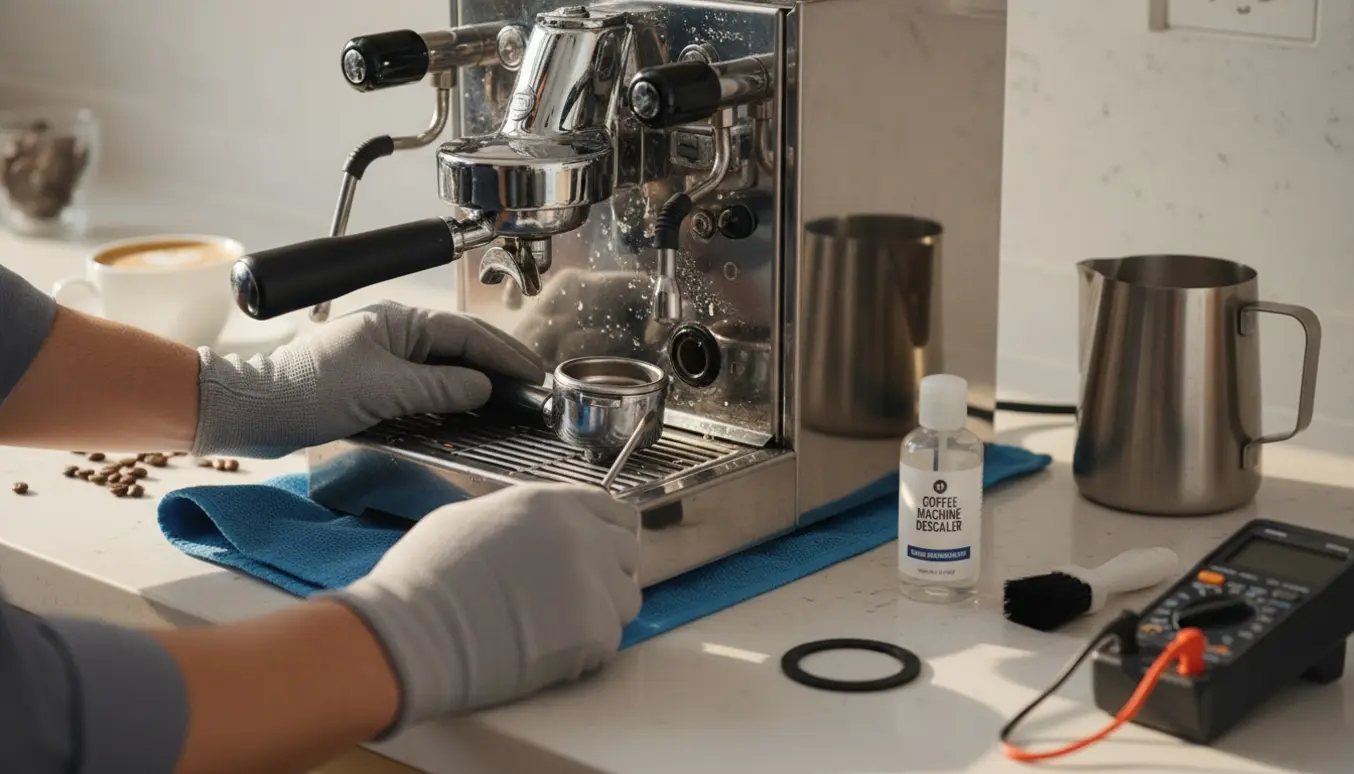Nærbillede af hænder, der servicerer en espressomaskine på en køkkenbænk med løse dele og værktøj.