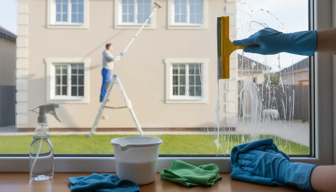 Hænder pudser et vindue indefra med en vinduesskraber, mens en person på en stige pudser husets ydre vindue.