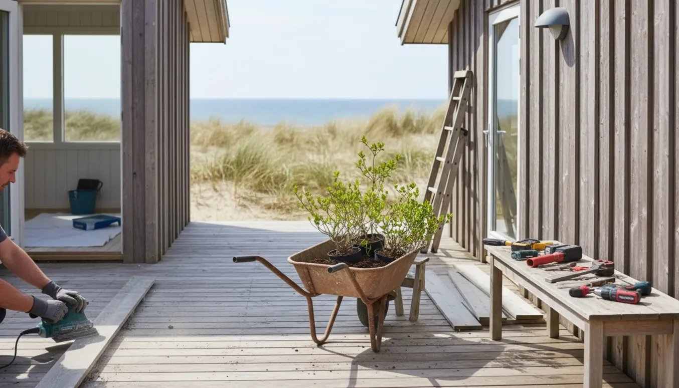 Hænder sliber en træterrasse ved et Vejby Strand sommerhus med planter, værktøj og åben dør til malerarbejde i forårsligt lys.