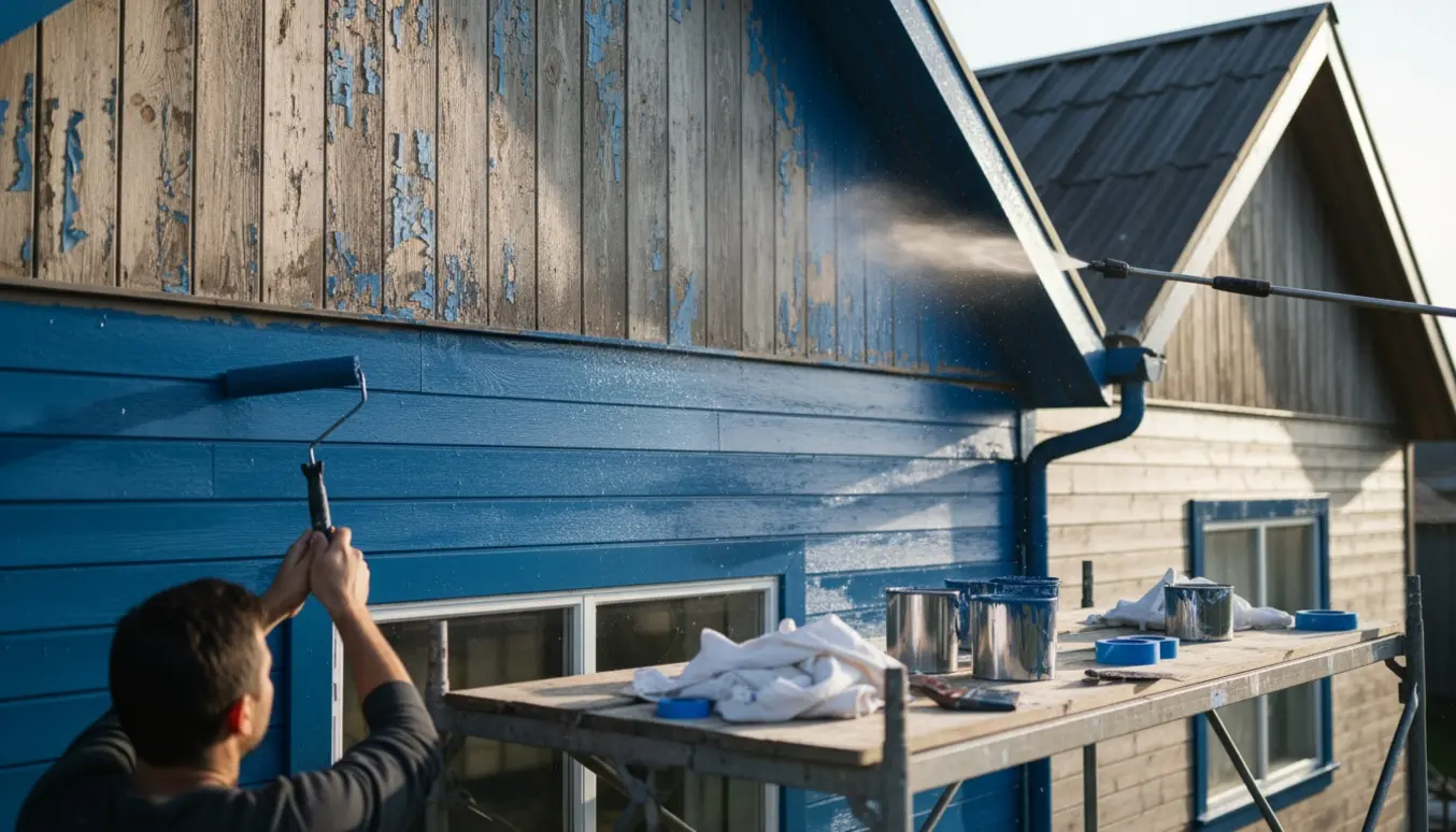 Udmaling af et træhus med to gavle, hånd med malerulle på en stige og frisk maling på facadebeklædningen.