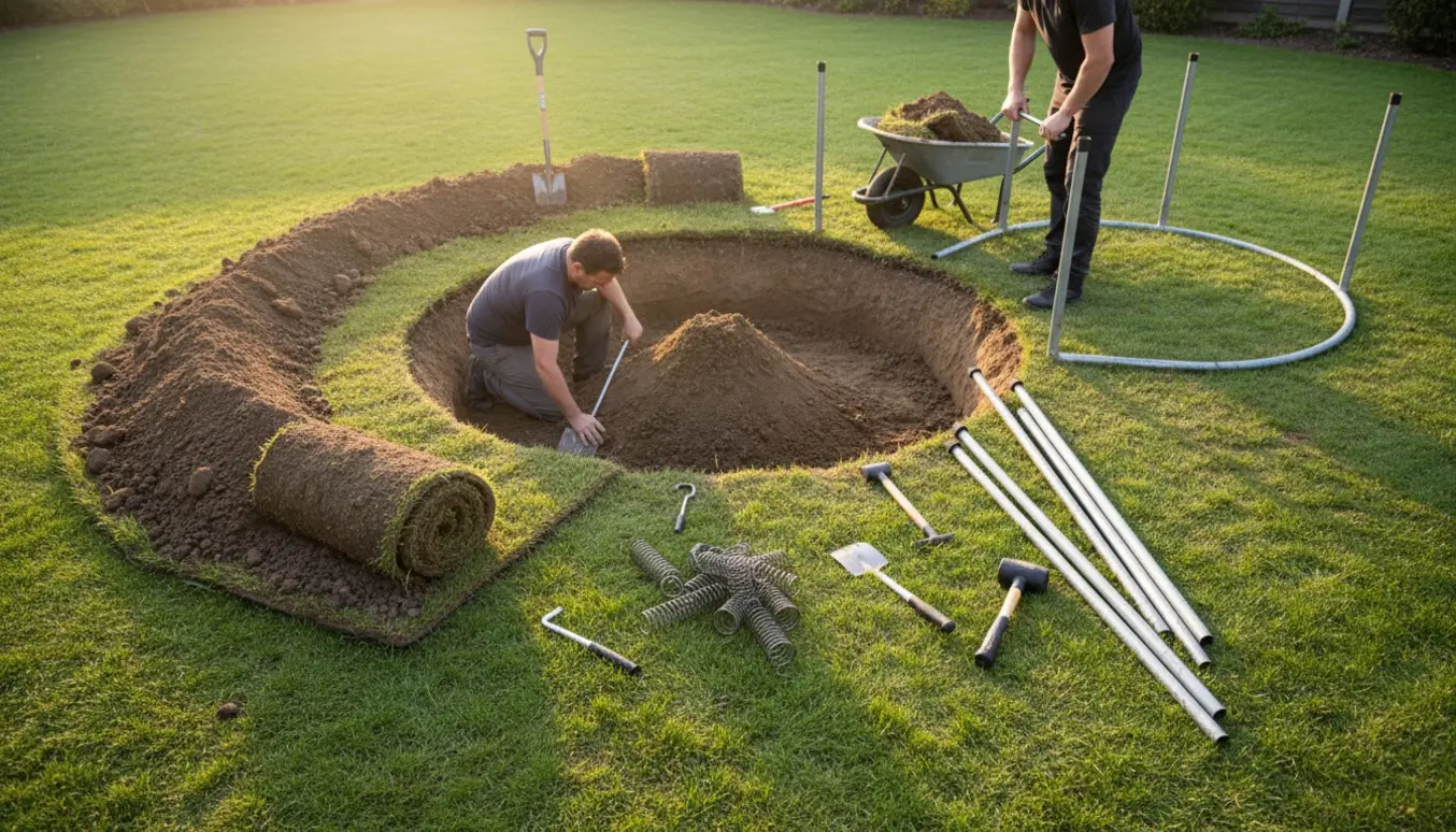 Delvist gravet cirkulært hul i baghaven med trampolindele, værktøj og jord stablet ved siden af.