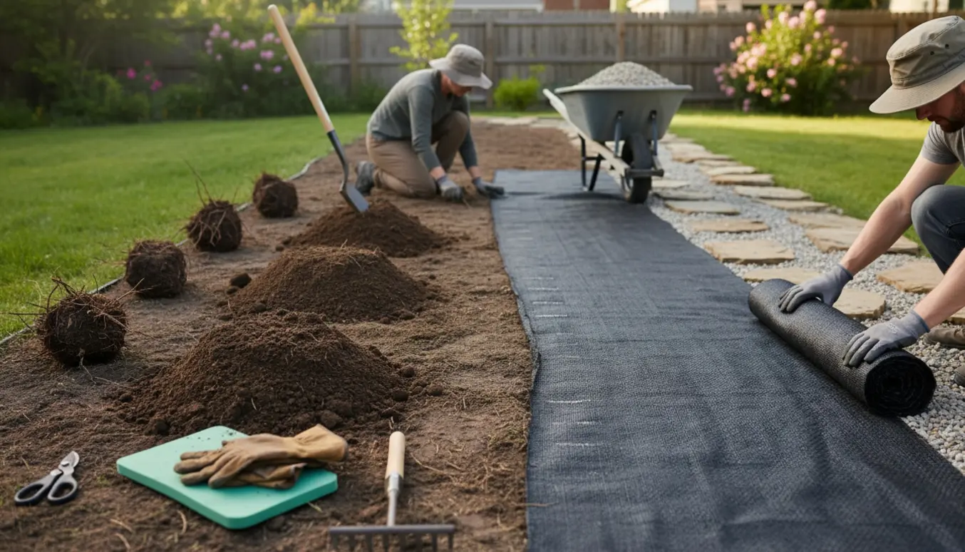 Klargøring af bed med fjernede små planter, udlægning af ukrudtsdug og spredning af dekorative sten.