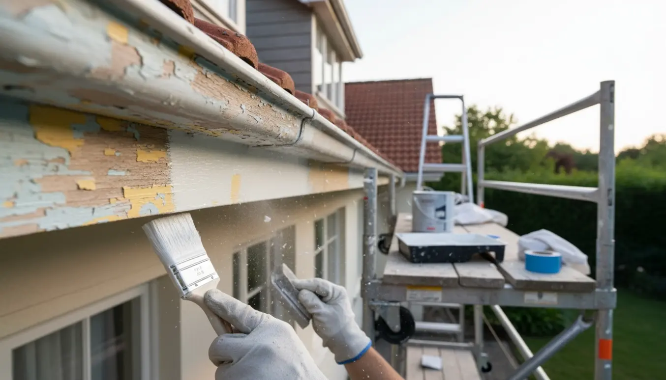 Nærbillede af udhæng på et gammelt hus, hvor ejerne sliber og maler det hvidt fra et stillads.